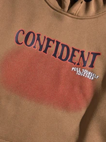 ROMWE MEN Guys Letter Graphic Thermal Lined Kangaroo Pocket Drawstring Hoodie - Coffee Brown - View 3