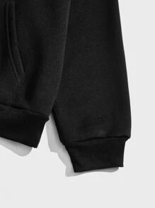 ROMWE MEN Guys Letter Graphic Kangaroo Pocket Drawstring Thermal Hoodie - Black - View 4