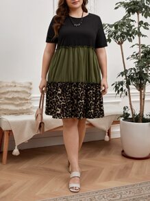 SHEIN LUNE 大碼豹紋印花撞色褶邊娃娃裙 - 軍綠色 - 查看 5