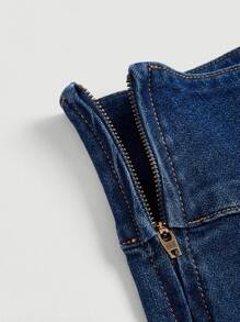 SHEIN MOD Zip Up Side Flare Leg Jeans - Dark Wash - View 4