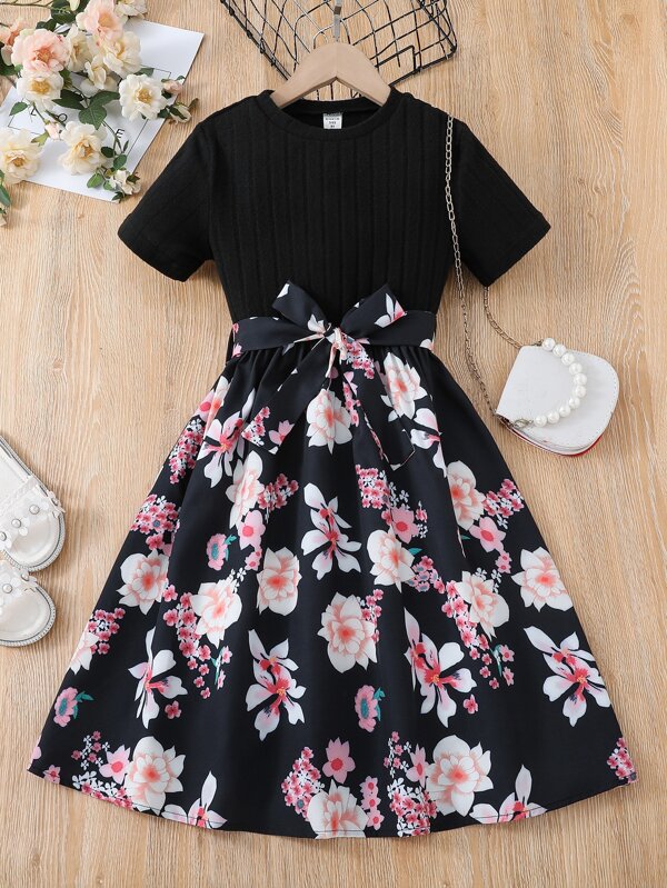 Tween Girl Floral Print Combo Dress