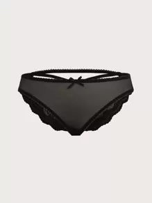 Plus Lace Trim Bow Front Panty - Black - View 1