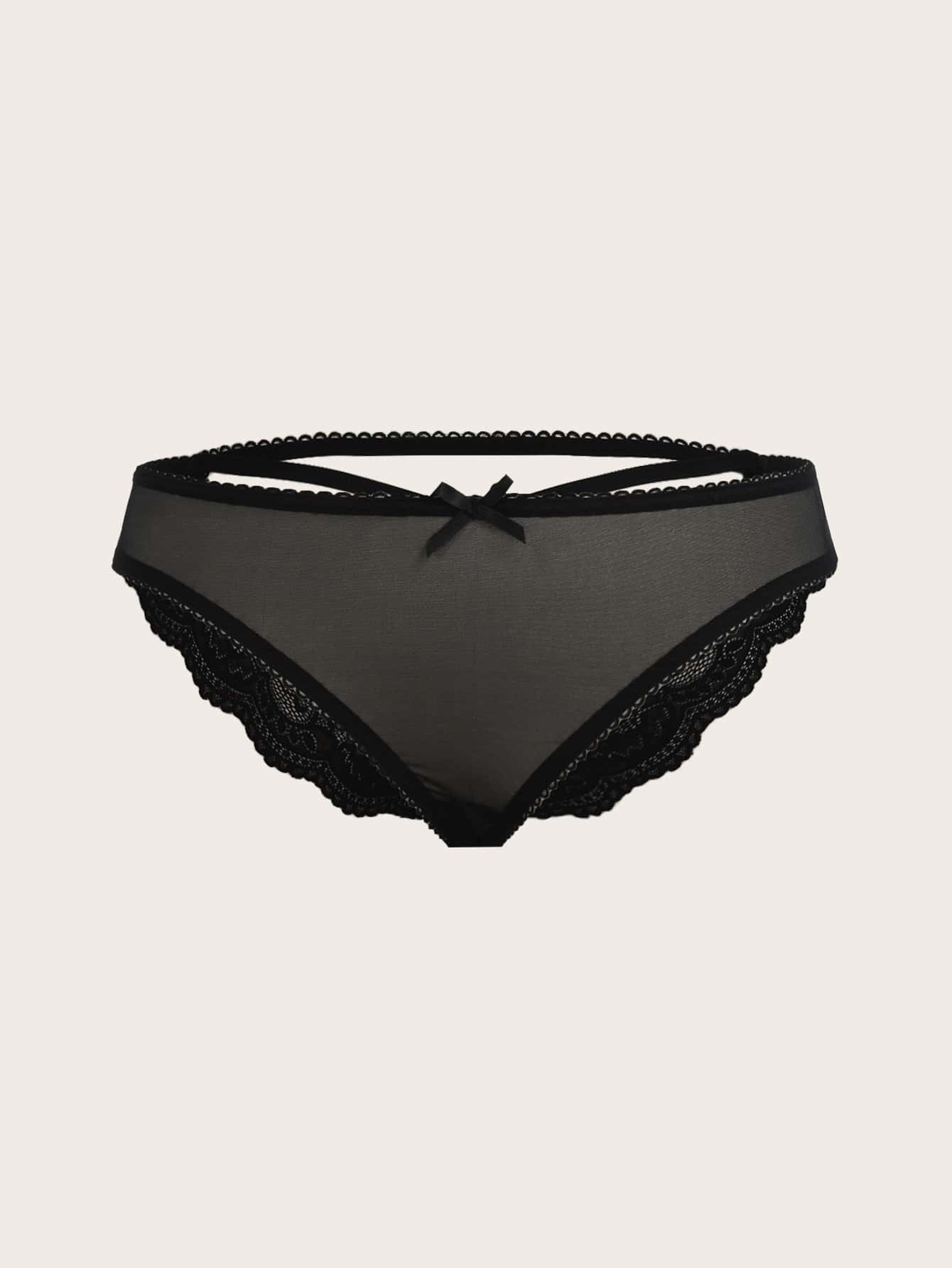Plus Lace Trim Bow Front Panty - Black - View 1