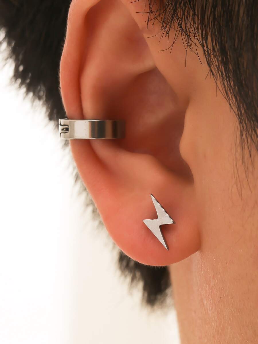 時尚流行1入組男士閃電耳釘和1入組不銹鋼耳夾適合珠寶禮物和時尚外觀 - 銀色 - 查看 1