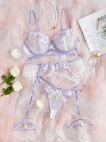 Plus Floral Embroidery Mesh Garter Lingerie Set - Multicolor - View 1