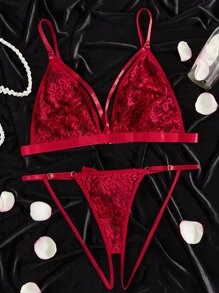 Plus Floral Lace Harness Open Crotch Lingerie Set - Burgundy - View 1