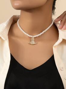 Rhinestone Planet Charm Faux Pearl Beaded Necklace - Multicolor - View 1