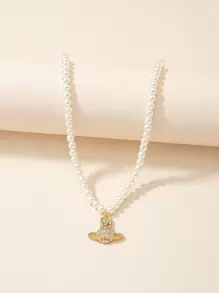 Rhinestone Planet Charm Faux Pearl Beaded Necklace - Multicolor - View 2