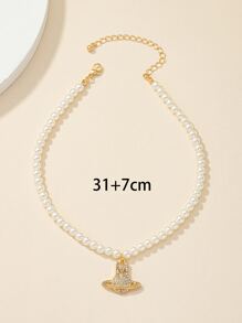 Rhinestone Planet Charm Faux Pearl Beaded Necklace - Multicolor - View 3