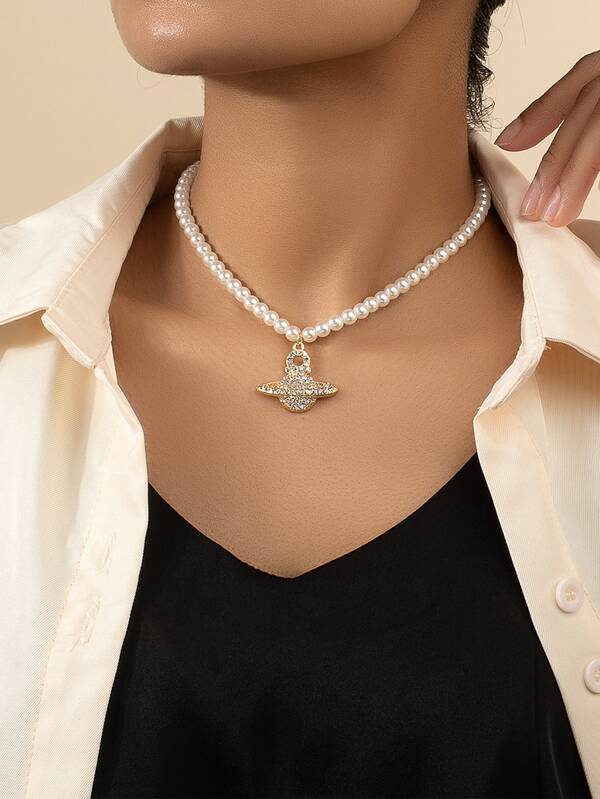 Rhinestone planet charm faux pearl beaded necklace clearance