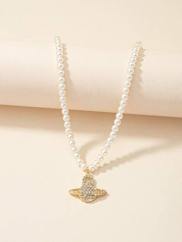 Rhinestone planet charm necklace Clearance