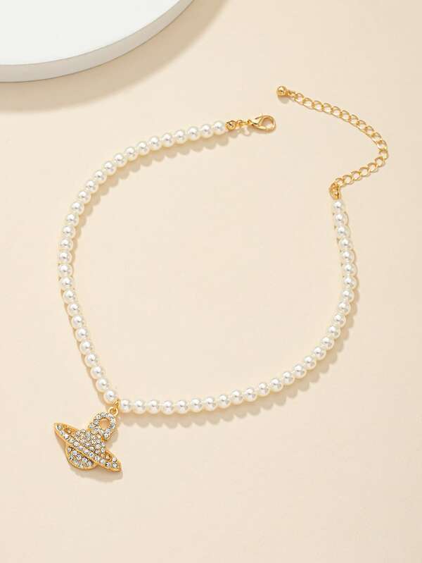 Rhinestone Charm Faux Pearl Beaded Necklace SHEIN USA
