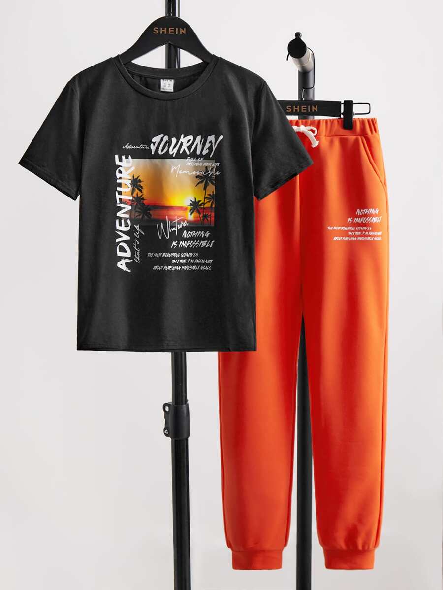 SHEIN Boys Coconut Tree And Slogan Graphic Tee & Joggers - Multicolor - View 1