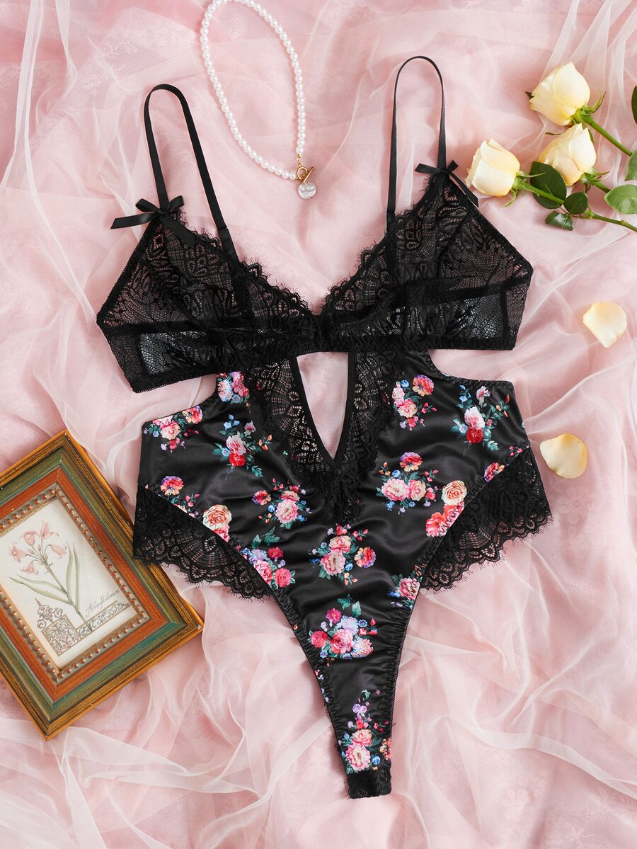 Plus Floral Print Contrast Lace Cut Out Teddy Bodysuit - Black - View 1