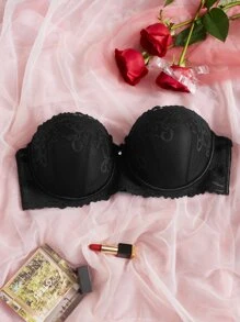 Plus Floral Lace Underwire Bra With 1pair Transparent Strap - Black - View 1