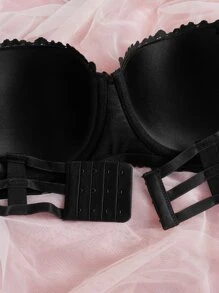 Plus Floral Lace Underwire Bra With 1pair Transparent Strap - Black - View 4