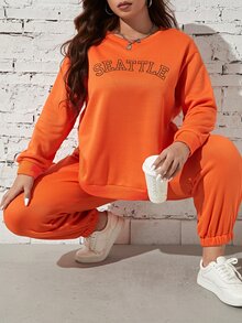 Flirla Plus Letter Embroidery Pullover & Joggers Set - Orange - View 4