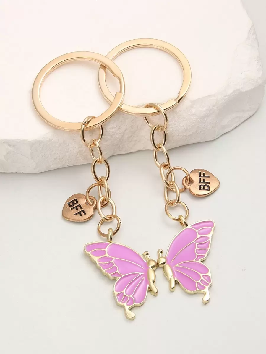 2入組字母細節心形與蝴蝶吊飾鑰匙圈 - 紫色 - 查看 1