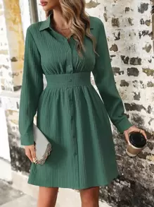 SHEIN Clasi 素色前紐扣襯衫連衣裙 - 綠色 - 查看 5
