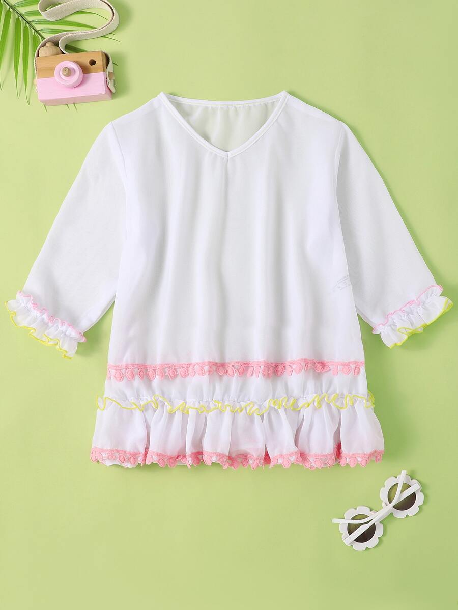 Toddler Girls Frill Trim Cover Up - White - View 1