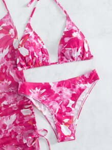 花卉露背三角形夏日沙灘比基尼套裝，含外罩 - 彩色 - 查看 5