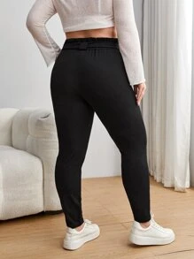 SHEIN EZwear Plus Paperbag Waist Belted Skinny Trousers - Black - View 2