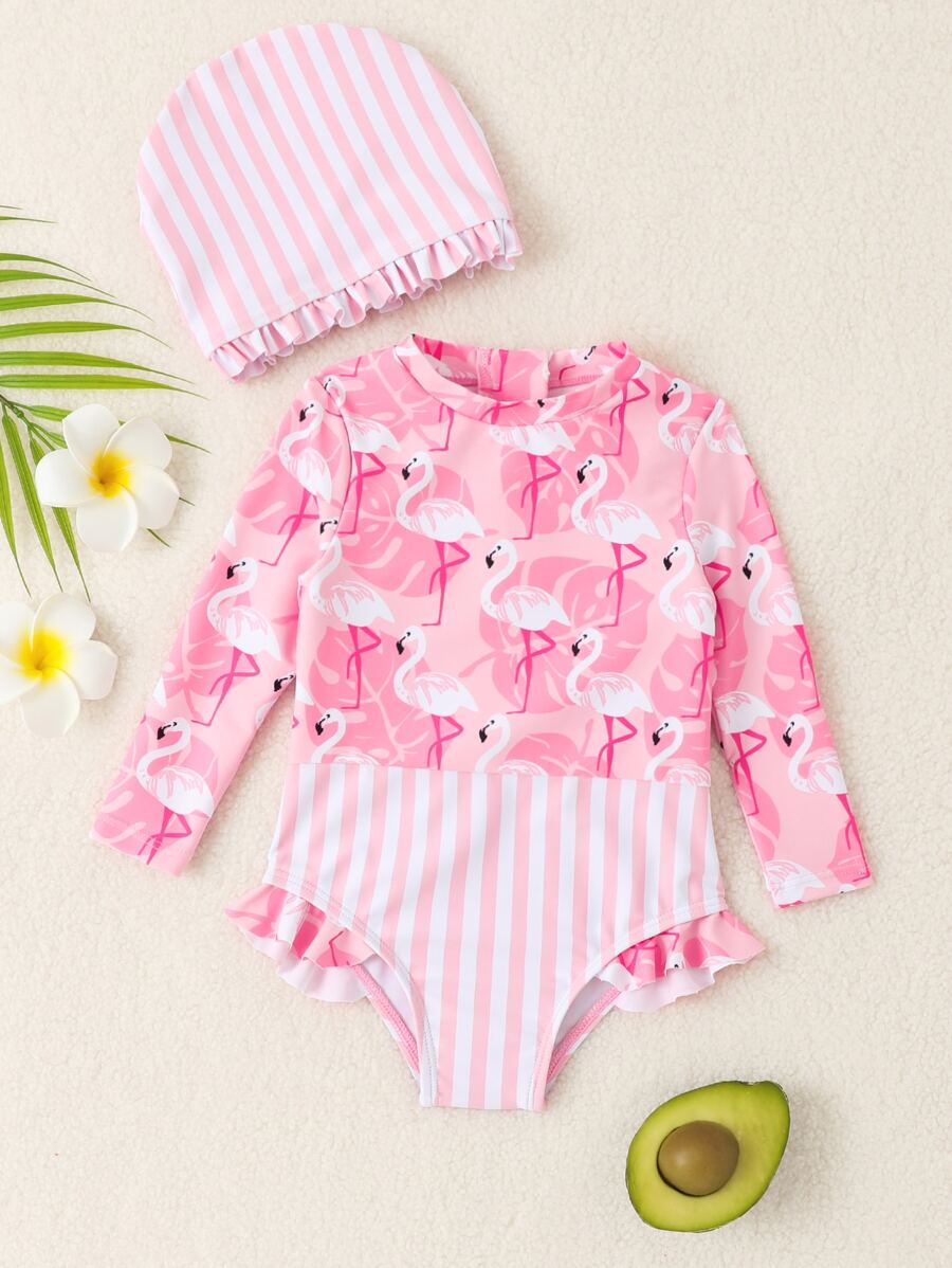 女嬰鳳梨鳥印花條紋獨一無二的連體泳裝,包括泳帽 - 粉色 - 查看 1