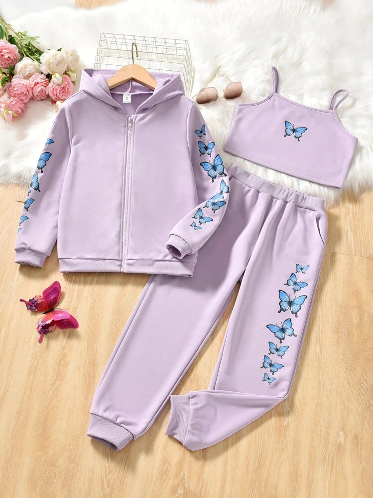Girls Butterfly Print Cami Top & Sweatpants & Hoodie | SHEIN