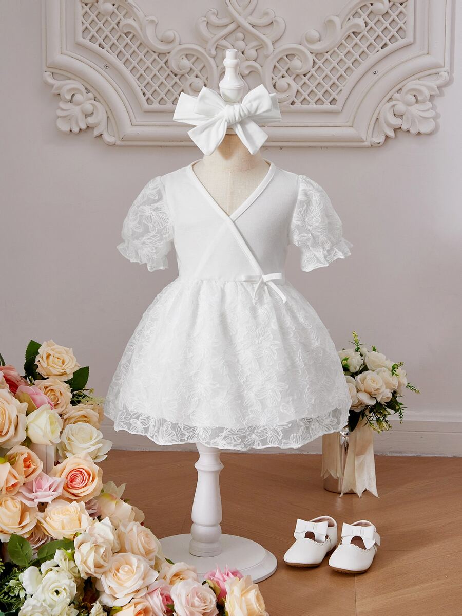 Baby Contrast Floral Mesh Puff Sleeve Bow Front Dress With Headband - White - View 1