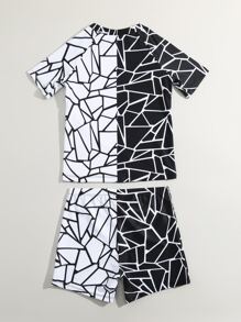 Boys Geo Print Two Tone Beach Swimsuit - Black and White - View 2