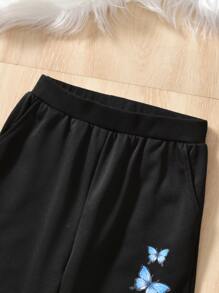 青少女蝴蝶印花背心上衣和jogger運動長褲及連帽衛衣 - 黑色 - 查看 3