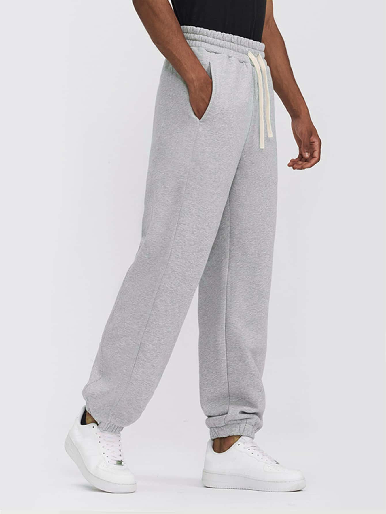 Hombres Pantalones deportivos de cintura con cordón - Gris Claro - Ver 1