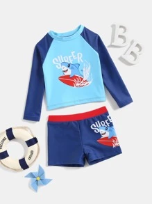 Baby Cartoon Graphic Beach Swimsuit - Multicolor - View 1