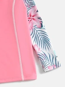Young Girl Tropical Print Raglan Sleeve Rashguard Summer Beach - Multicolor - View 3