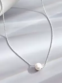 Faux Pearl Decor Silver Necklace - White - View 1