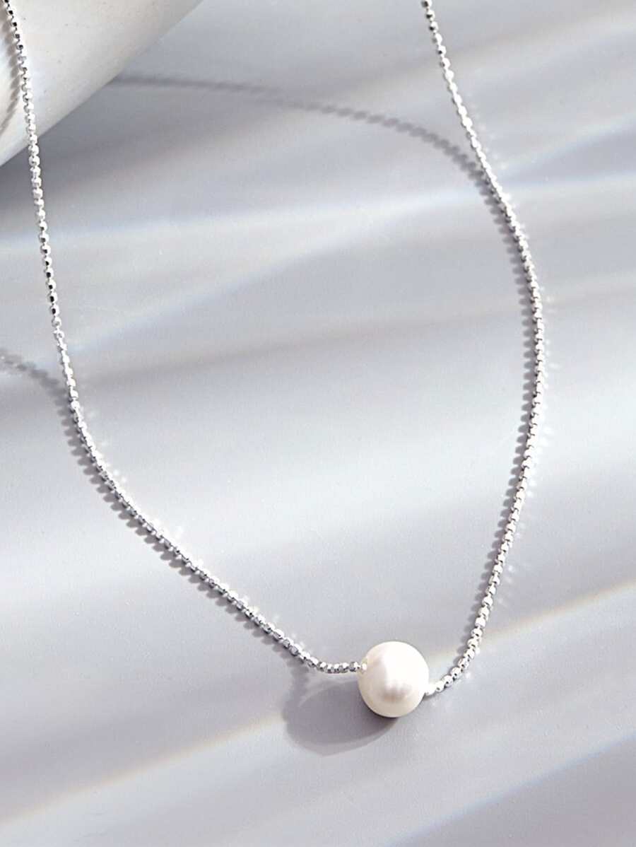 Faux Pearl Decor Silver Necklace - White - View 1