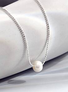 Faux Pearl Decor Silver Necklace - White - View 2