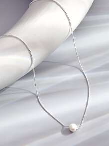 Faux Pearl Decor Silver Necklace - White - View 4