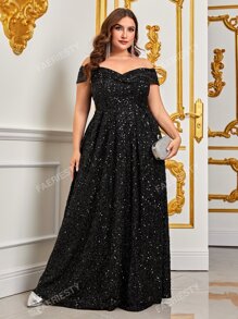 Faeriesty Plus Off Shoulder Sequin Formal Dress Black Elegant Prom Evening Wedding Guest Gown, For Graduation, Dinner Party Dress