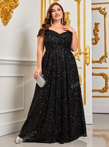Faeriesty Plus Off Shoulder Sequin Formal Dress Black Elegant Prom Evening Wedding Guest Gown, For Graduation, Dinner Party Dress