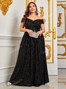 Faeriesty Plus Off Shoulder Sequin Formal Dress Black Elegant Prom Evening Wedding Guest Gown, For Graduation, Dinner Party Dress