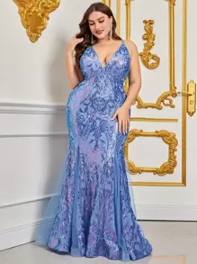 Đầm Plus Size Lộ Lưng Ren lên Dây kéo Baroque Buổi tiệc - Màu xanh lam - Xem 4