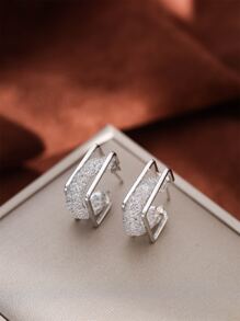 Cubic Zirconia Decor Cuff Hoop Earrings - Silver - View 1