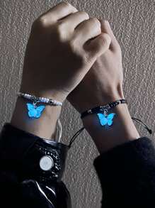 2pcs Couple Glow In The Dark Butterfly Charm Bracelet - Multicolor - View 2