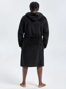 Men Dual Pocket Hooded Belted Teddy Robe, For Fall Winter, Fluffy - Black - View 2