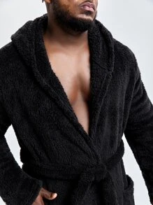 Men Dual Pocket Hooded Belted Teddy Robe, For Fall Winter, Fluffy - Black - View 3