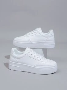 女士平底系带厚底圆头撞色白色休闲运动鞋，时尚春秋日常穿着，百搭女士鞋 - 白色 - 查看 2