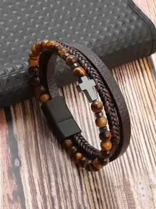 時尚流行多層PU聚氨酯手鍊石男士十字手鍊首飾，適合珠寶禮物和時尚外觀 - 彩色 - 查看 1