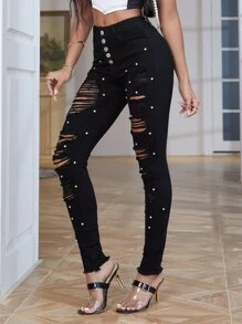 Jeans ajustados desgarro con cuenta de perla - Negro - Ver 1