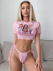 SHEIN Swim 夏日海滩闺蜜款印花纹理比基尼套装，挂脖三角系带下装三件套泳衣 - 藕粉色 - 查看 1